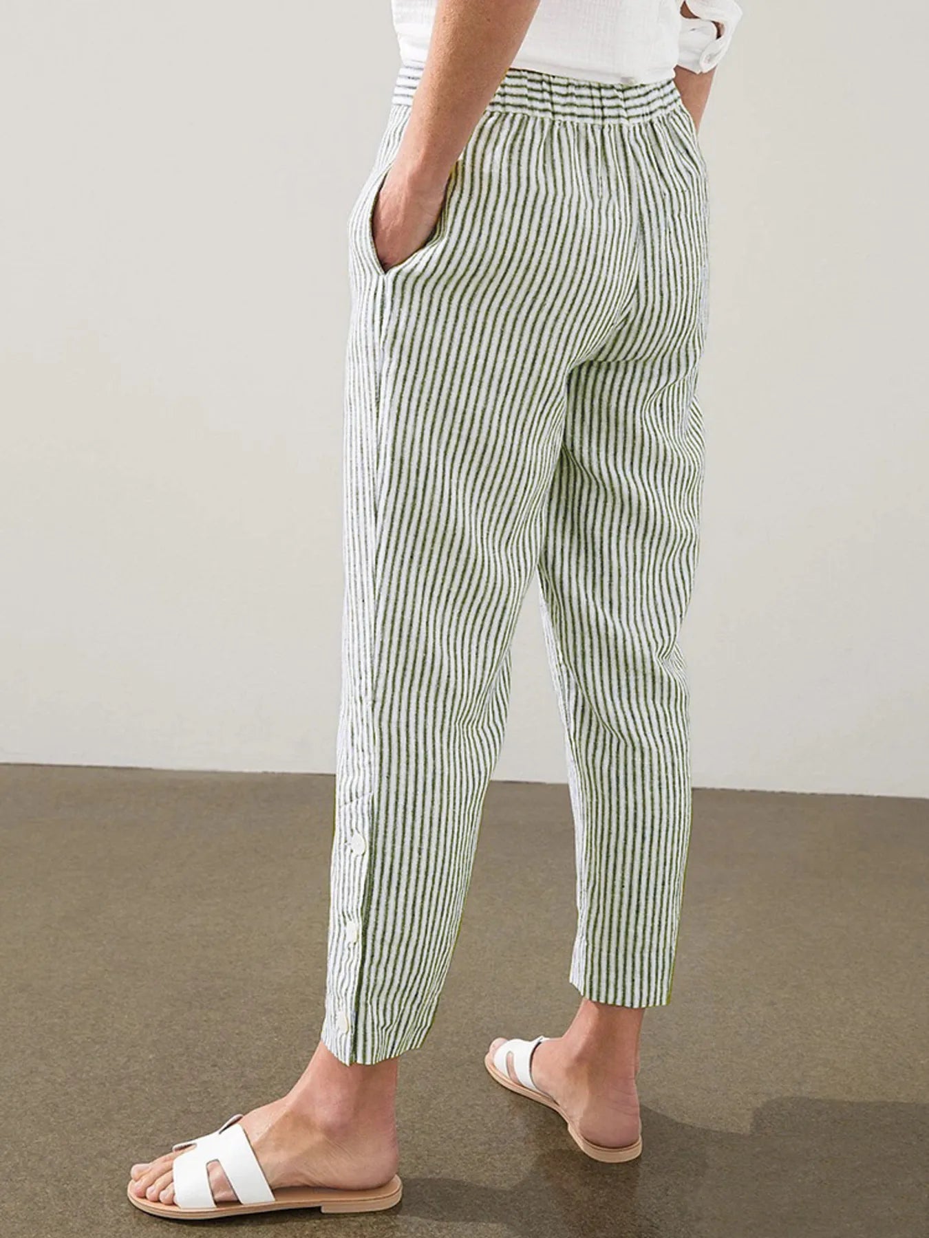 Full Size Striped Side Button Detail Pants Plus Size - -
