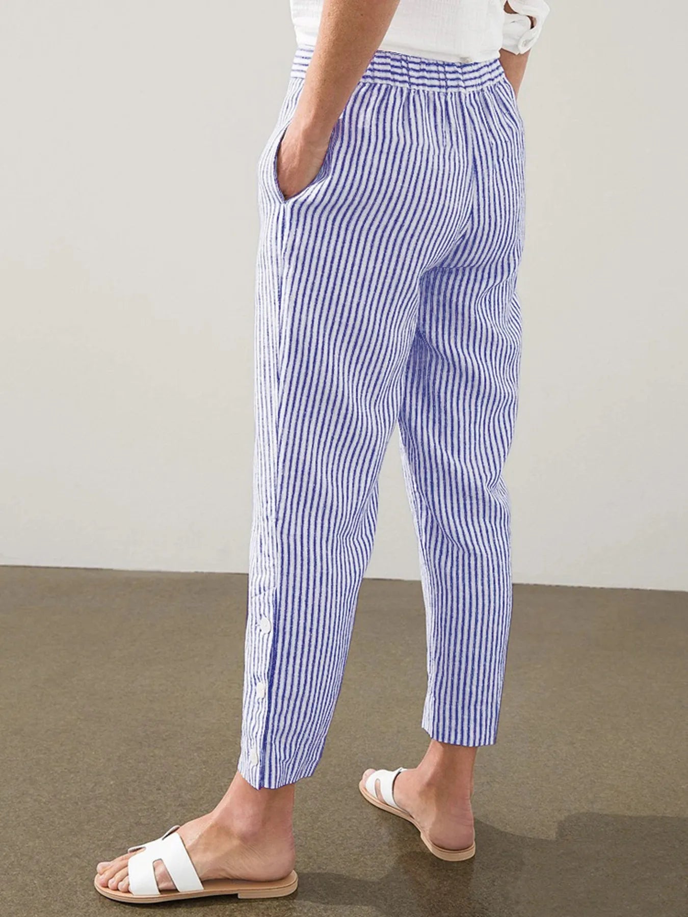 Full Size Striped Side Button Detail Pants Plus Size - -