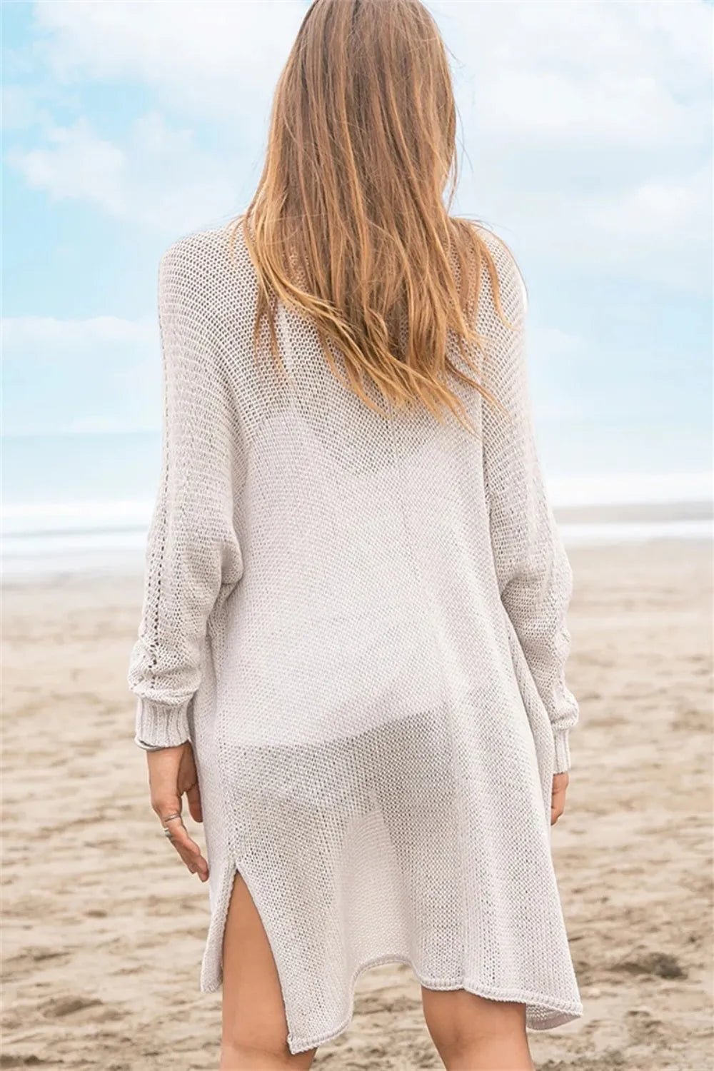 Openwork Side Slit Open Front Long Sleeve Cardigan - -