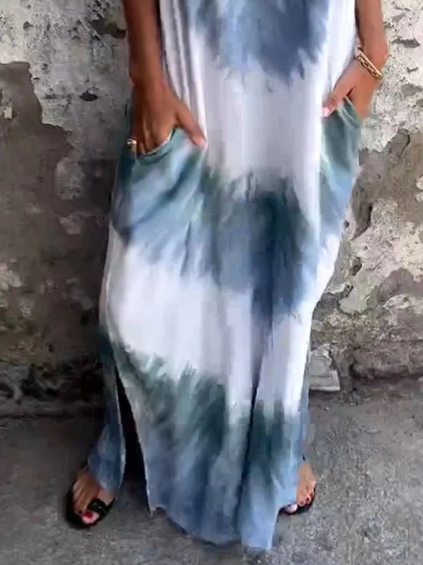 Full Size Tie-Dye V-Neck Midi Dress with Pockets Plus Size - -