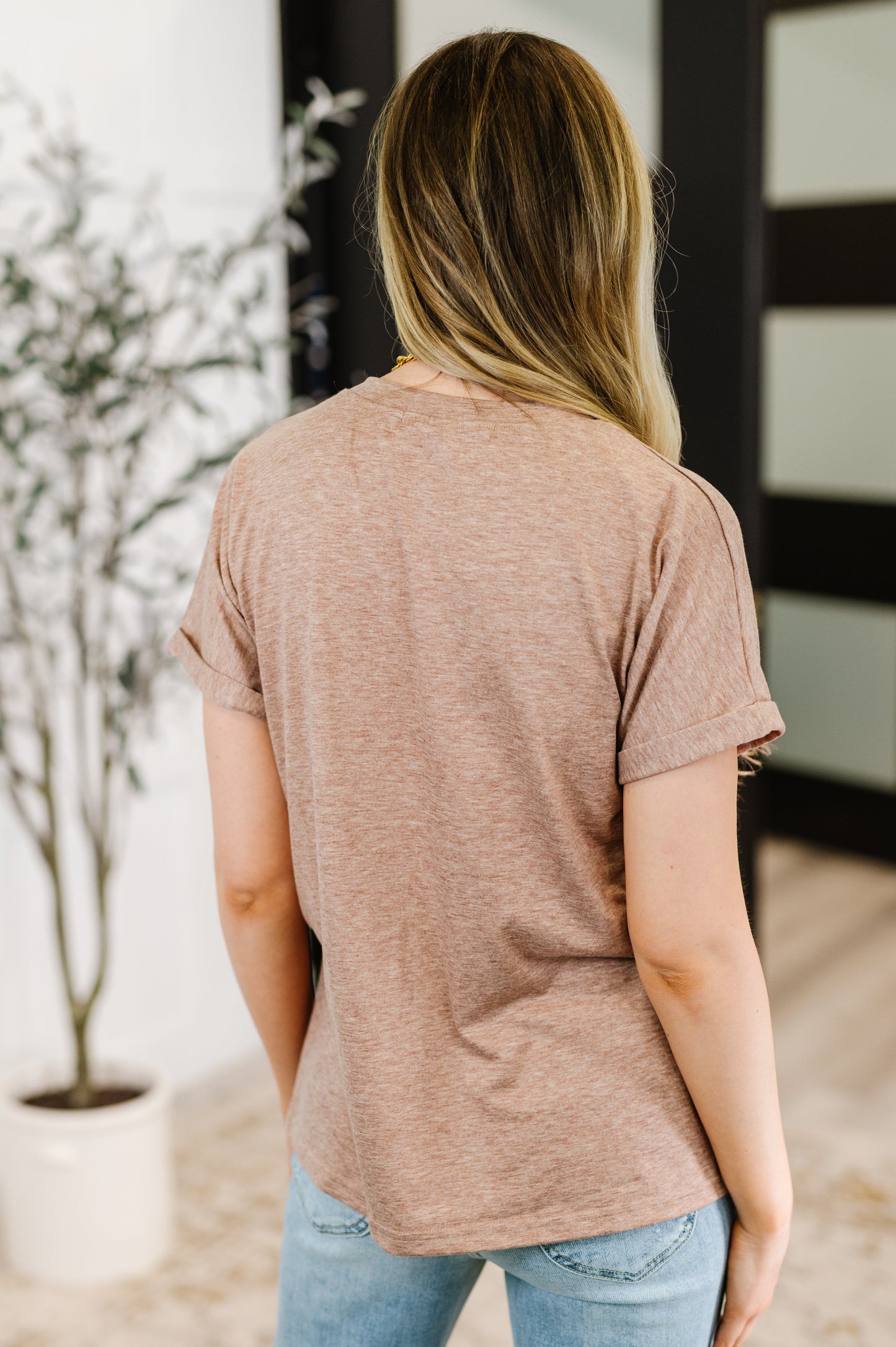 Almost There V-Neck Henley Top In Taupe - - Tops