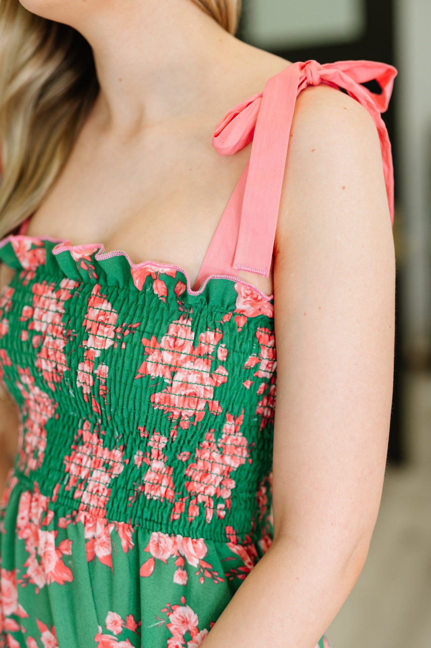 Low Effort, High Impact Tiered Dress in Green/Coral – Womens | Shannon’s Chique Boutique