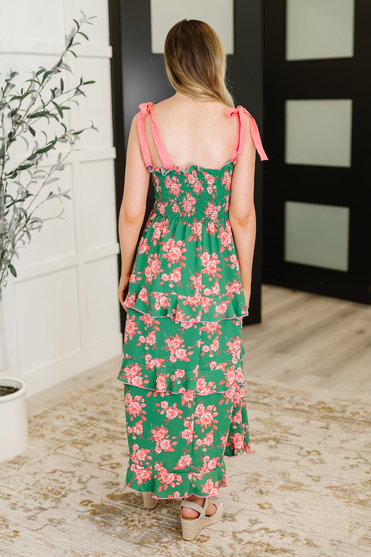 Low Effort, High Impact Tiered Dress in Green/Coral - - Womens