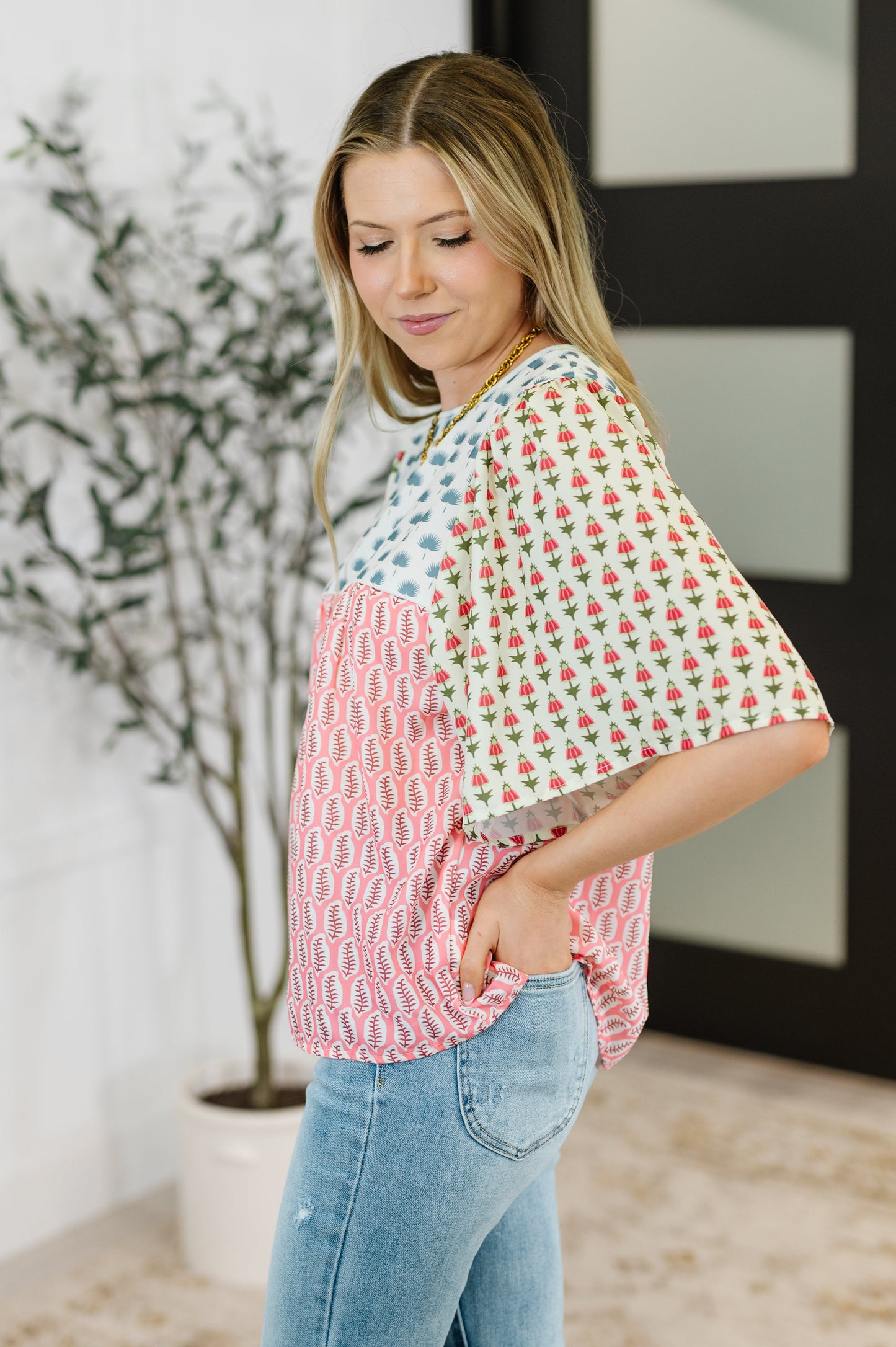 Outside Advantage Mixed Print Boho Blouse - - Womens