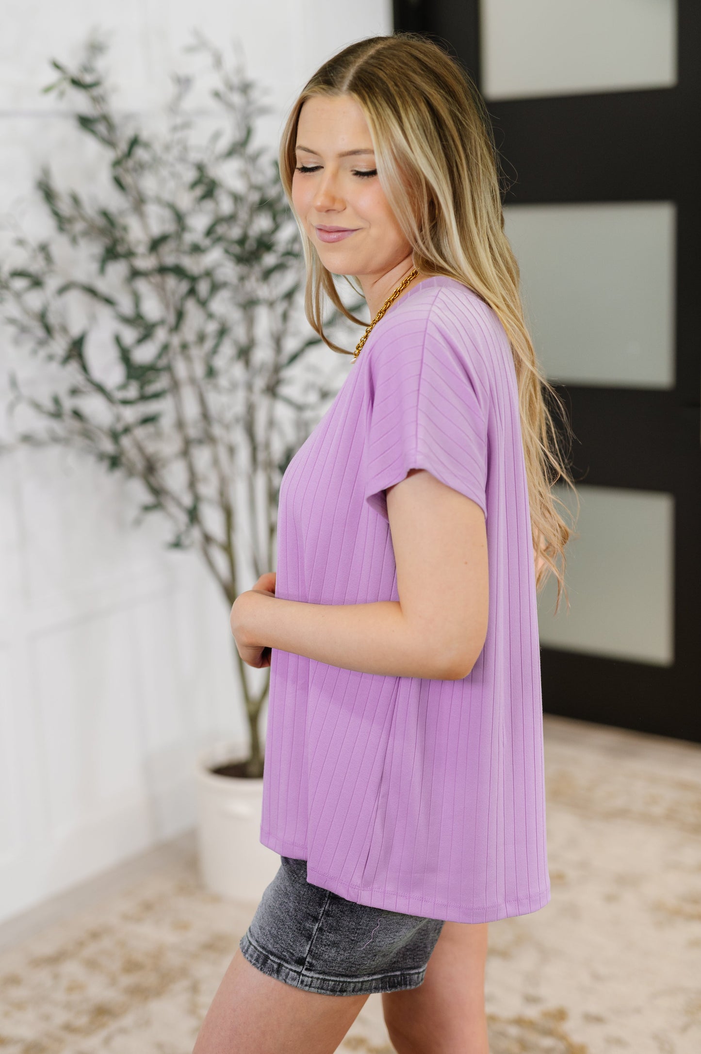 Top Shelf Basic V-Neck Ribbed Tee in Lavender - - Womens