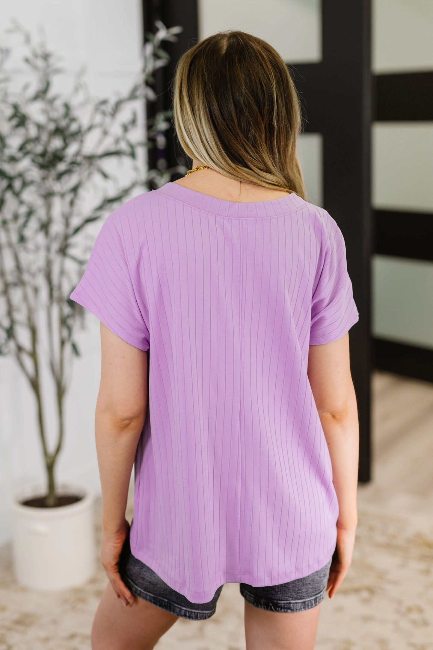 Top Shelf Basic V-Neck Ribbed Tee in Lavender - - Womens