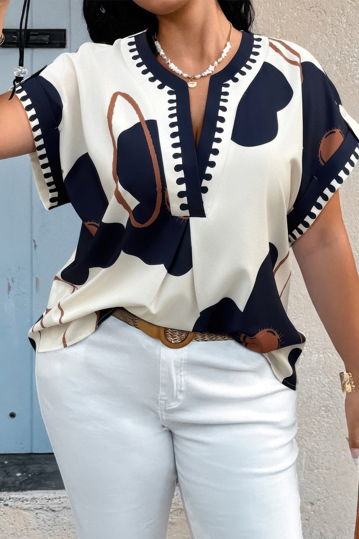 Plus size blue floral short-sleeve shirt with notched V-neck, alternate product view 4