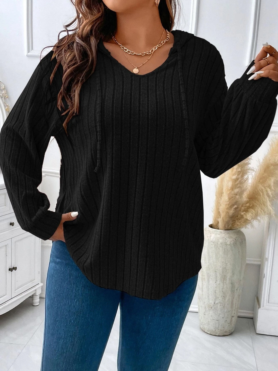 Plus Size Cozy Drawstring Hoodie Tee (Curve Confidence) - -