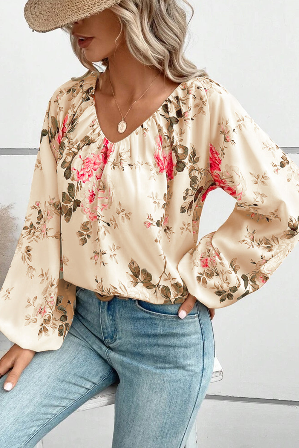Floral V-Neck Balloon Sleeve Blouse - -