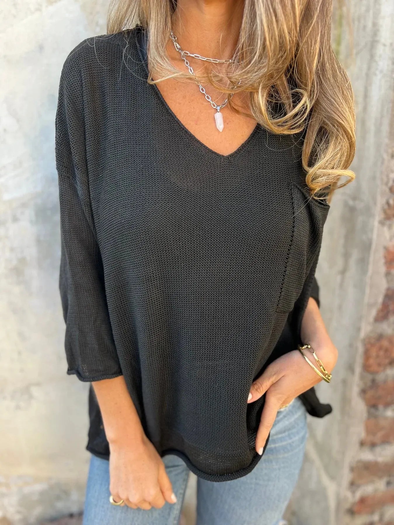 Full Size Casual V-Neck Knit Sweater Plus Size - -
