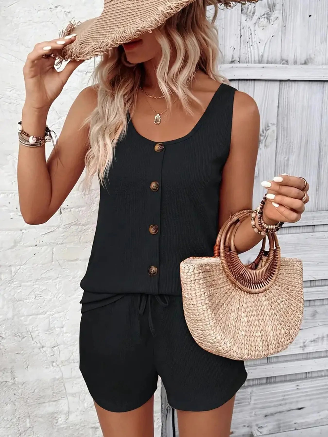 Scoop Neck Tank and Shorts Set - -