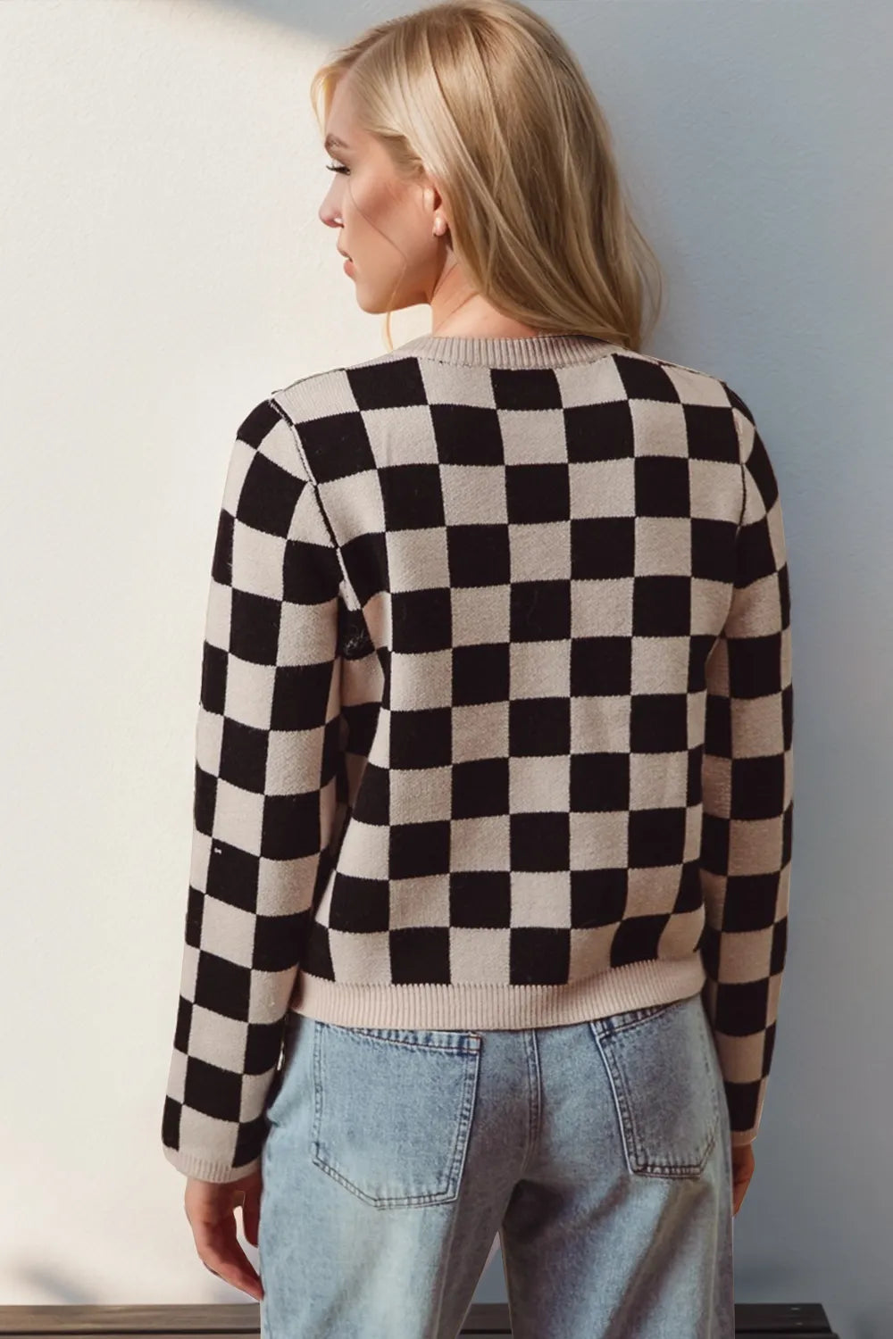 Double Take Full Size Checkered Tie Front Long Sleeve Cardigan - -