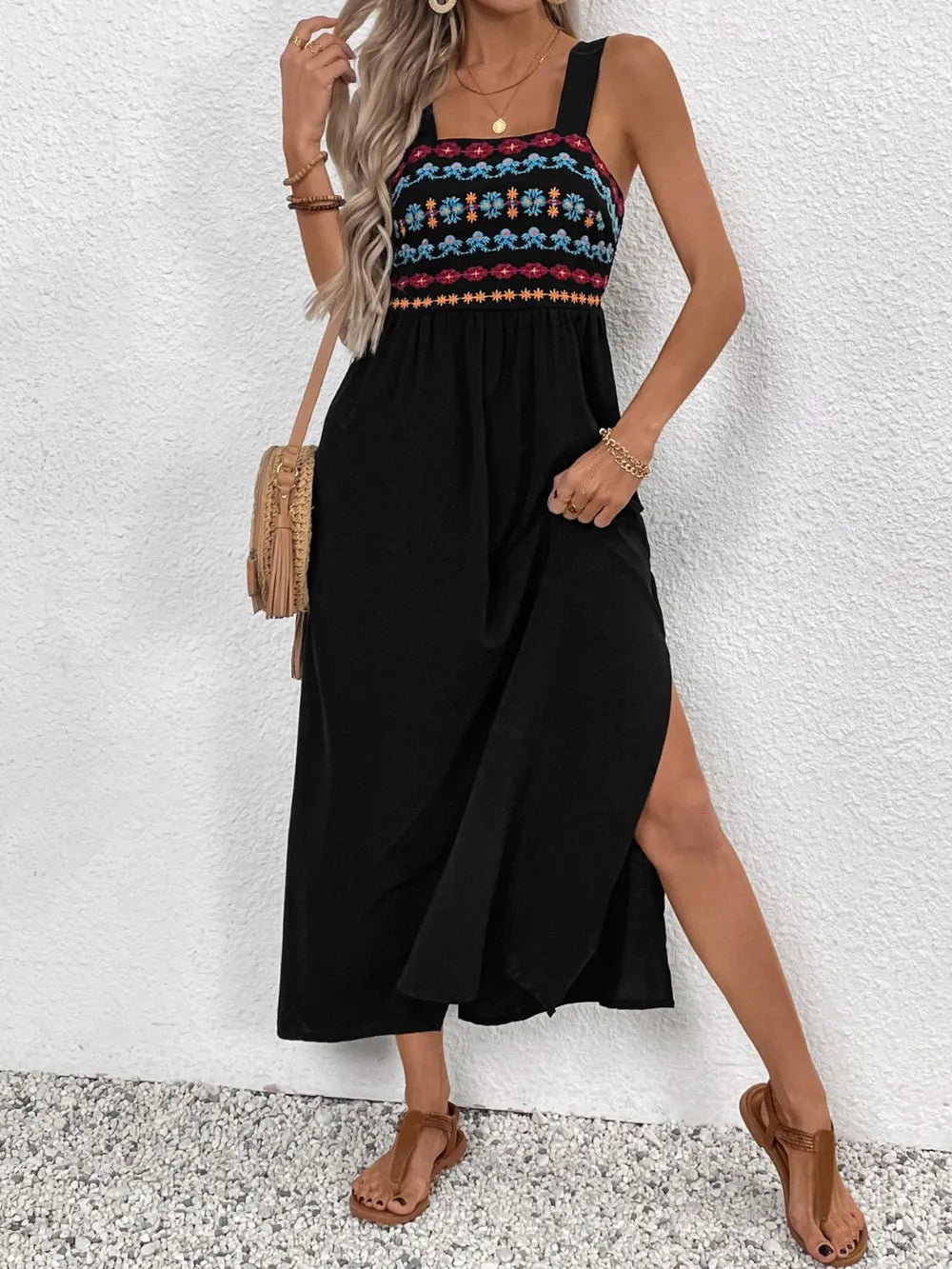 Perfee Embroidered Floral Side Slit Sleeveless Midi Dress – | Shannon’s Chique Boutique