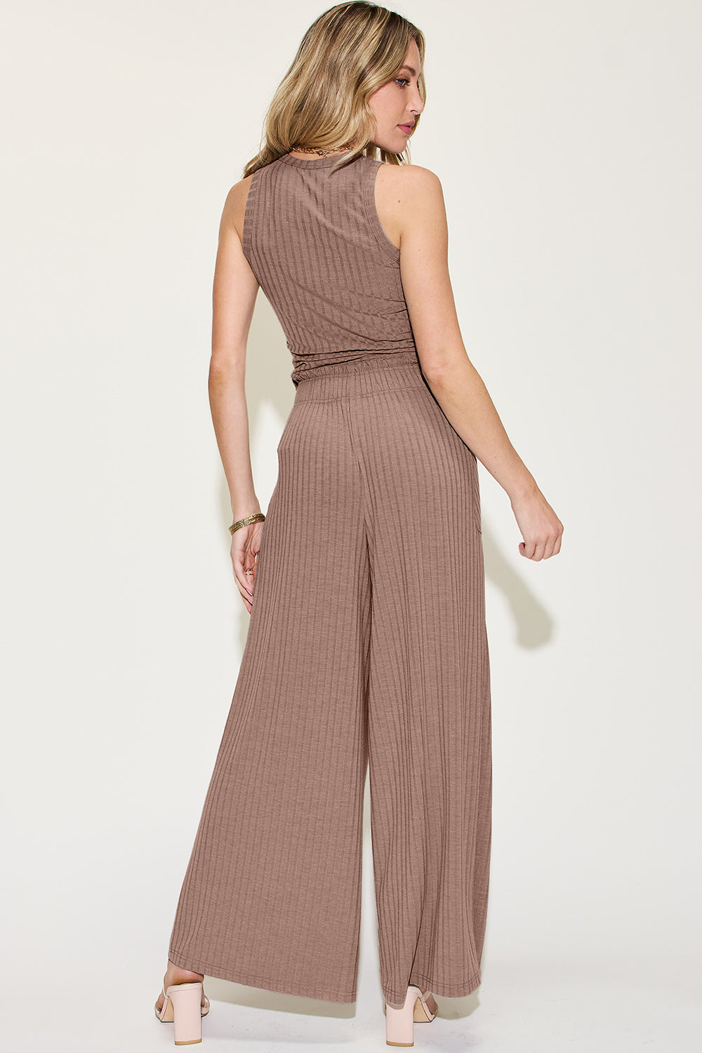Basic Bae Full Size Ribbed Tank and Wide Leg Pants Set - -