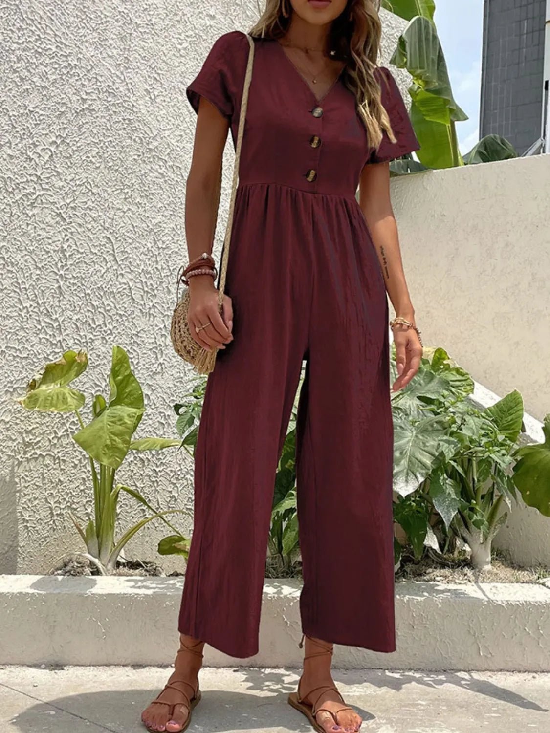 Golden Hour Getaway – Wide Leg Jumpsuit - Burgundy -
