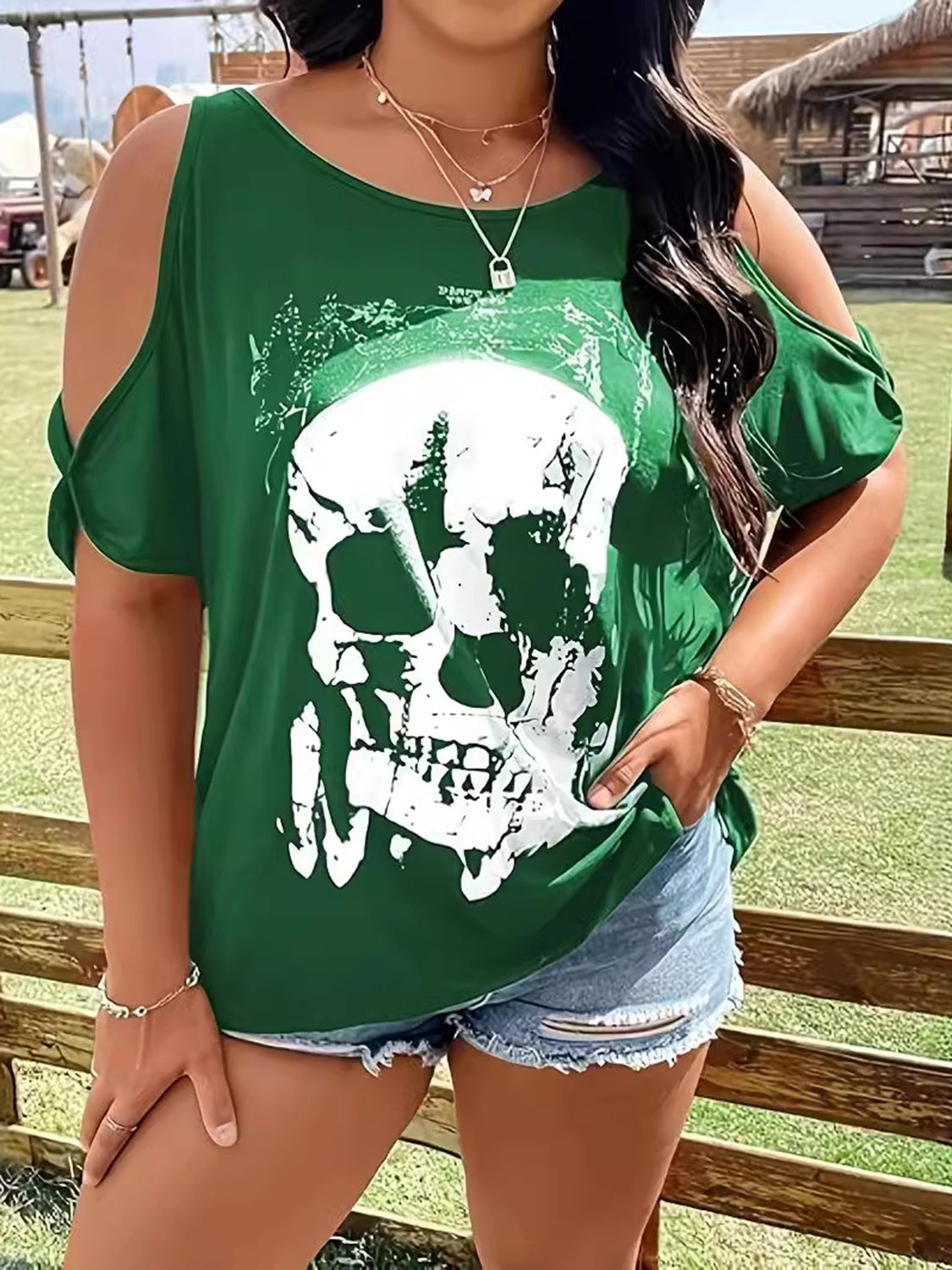 Plus Size Skeleton Graphic Round Neck Cold Shoulder T-Shirt - Green -