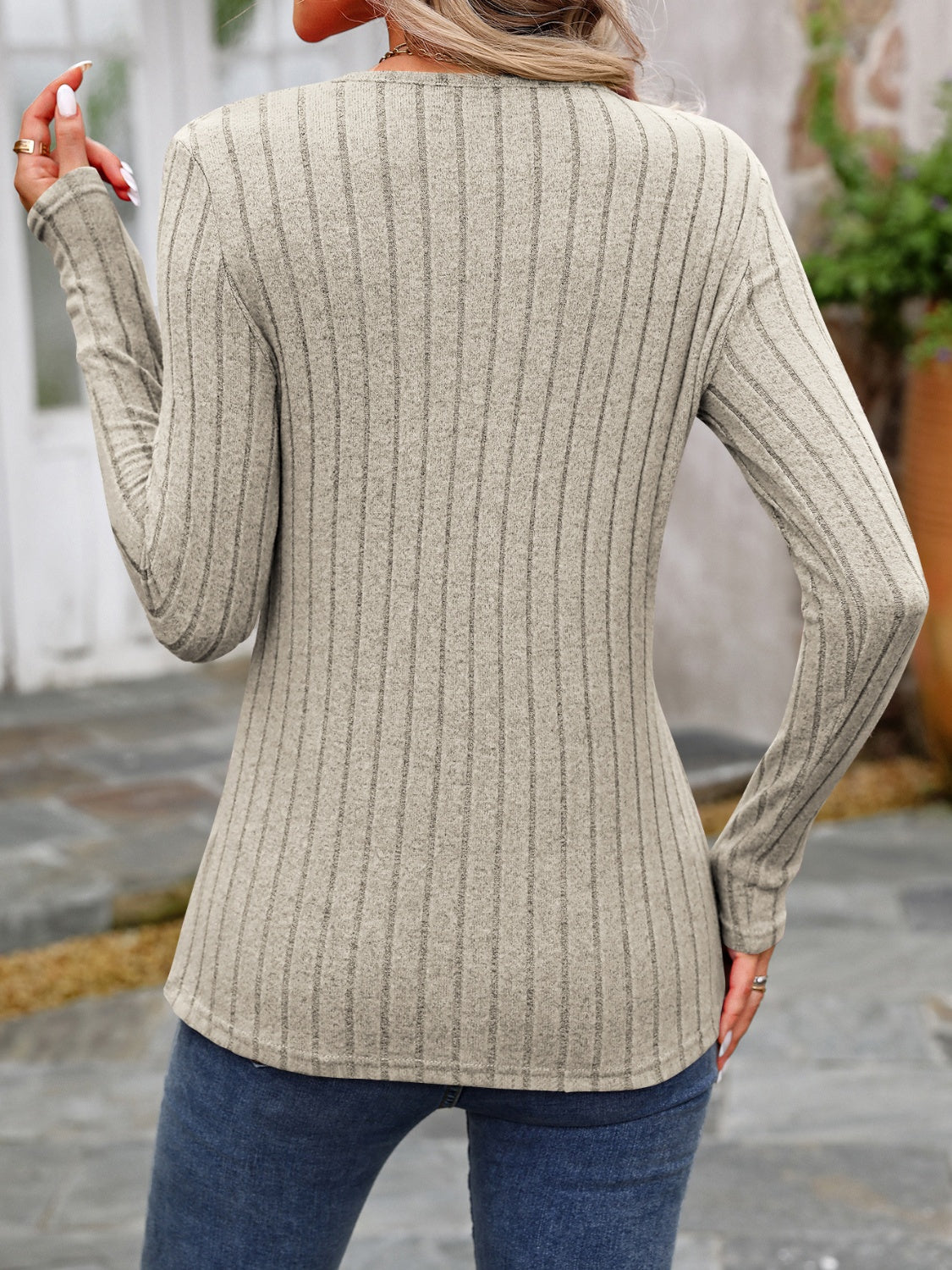 Decorative Button Round Neck Long Sleeve T-Shirt - -