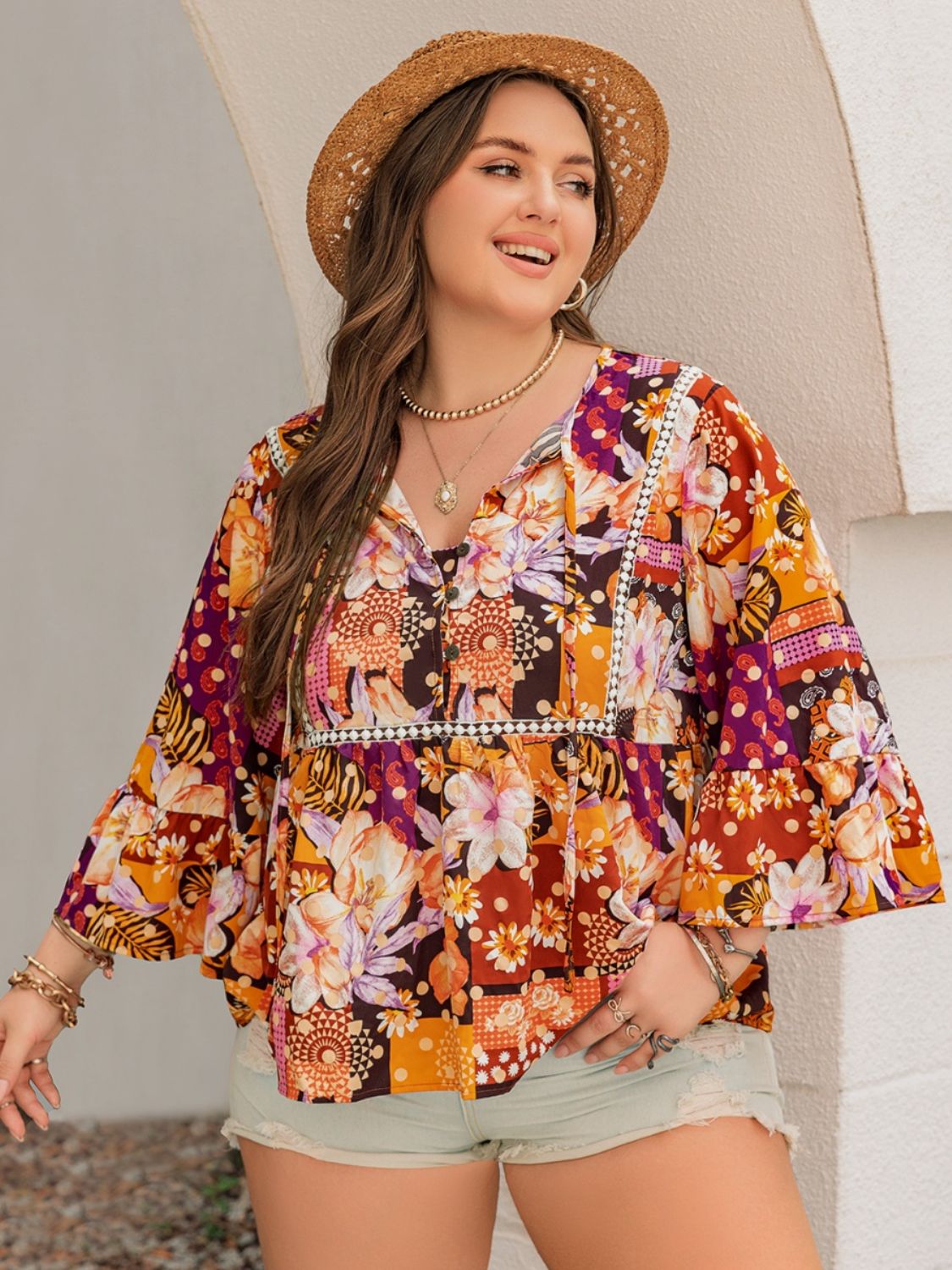 Plus Size Printed Tie Neck Blouse (Curve Sophistication) - -
