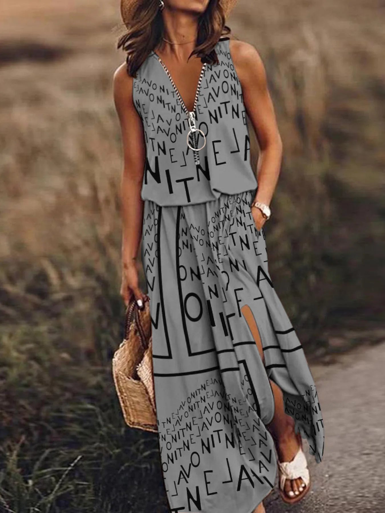Full Size Half Zip Sleeveless Maxi Dress with Side Slit Plus Size - Print - Gray -