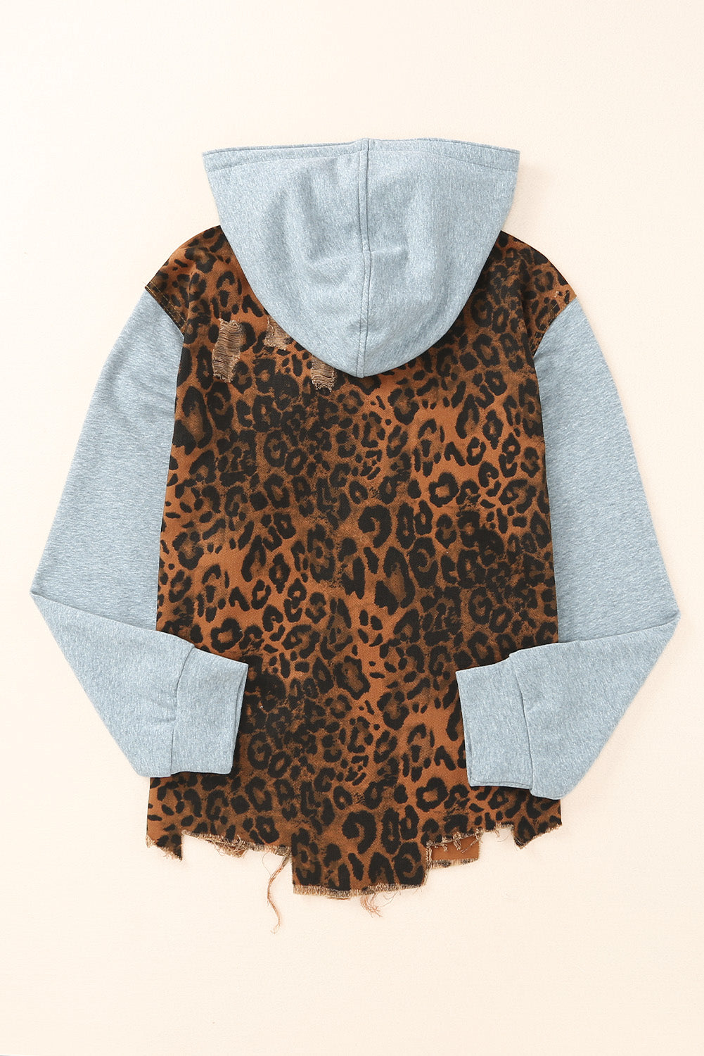 Leopard Distressed Drawstring Hooded Denim Jacket - -