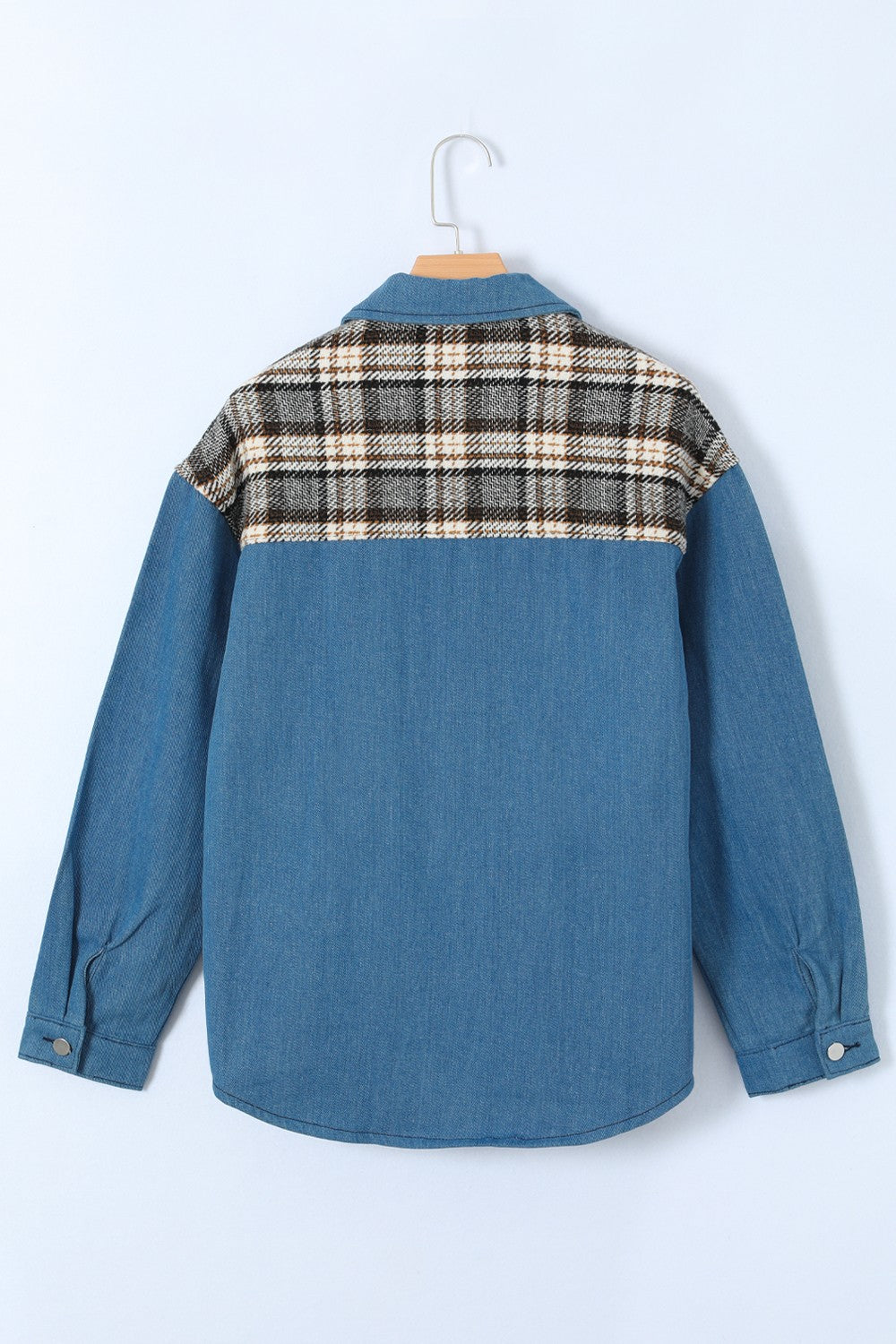 Plaid Pocketed Button Up Denim Jacket - -