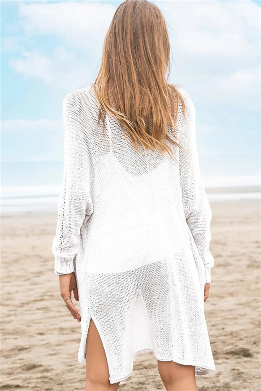Openwork Side Slit Open Front Long Sleeve Cardigan - -