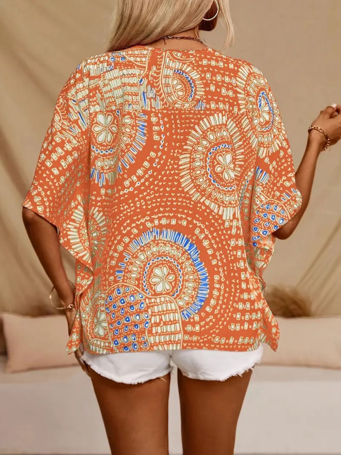 Printed V-Neck Half Sleeve Top - -