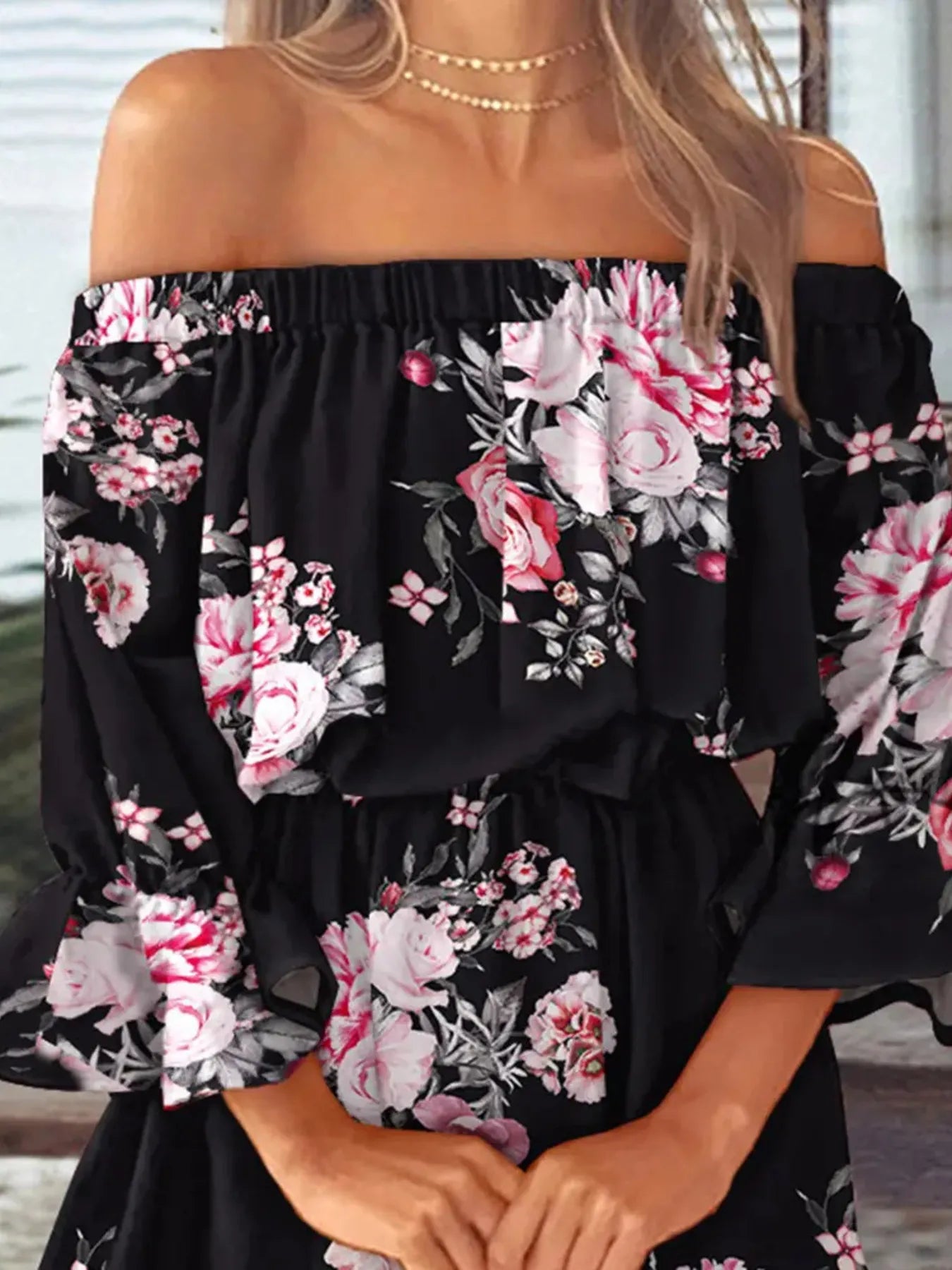 Full Size Floral Off-Shoulder Flounce Sleeve Mini Dress Plus Size - -
