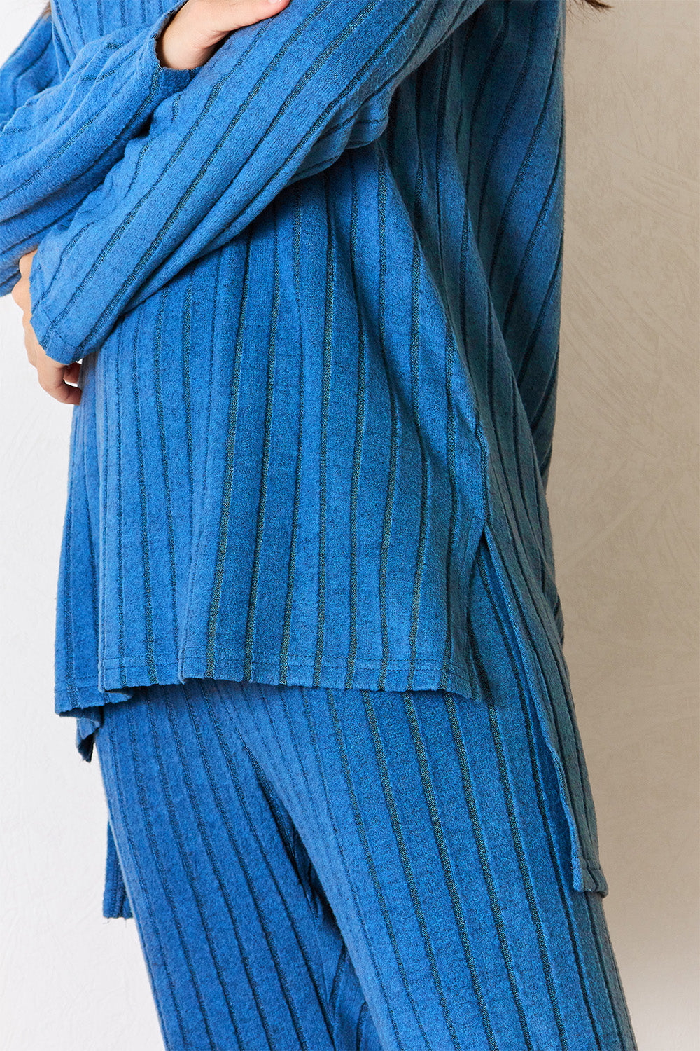 Basic Bae Full Size Ribbed Round Neck High-Low Slit Top and Pants Set - -