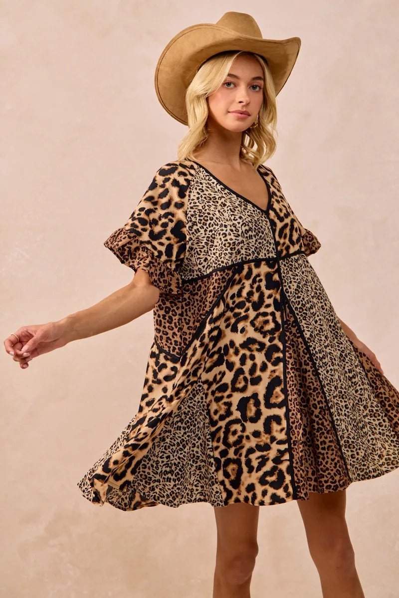 BiBi Leopard Prints Mix and Match Short Sleeves Dress - -