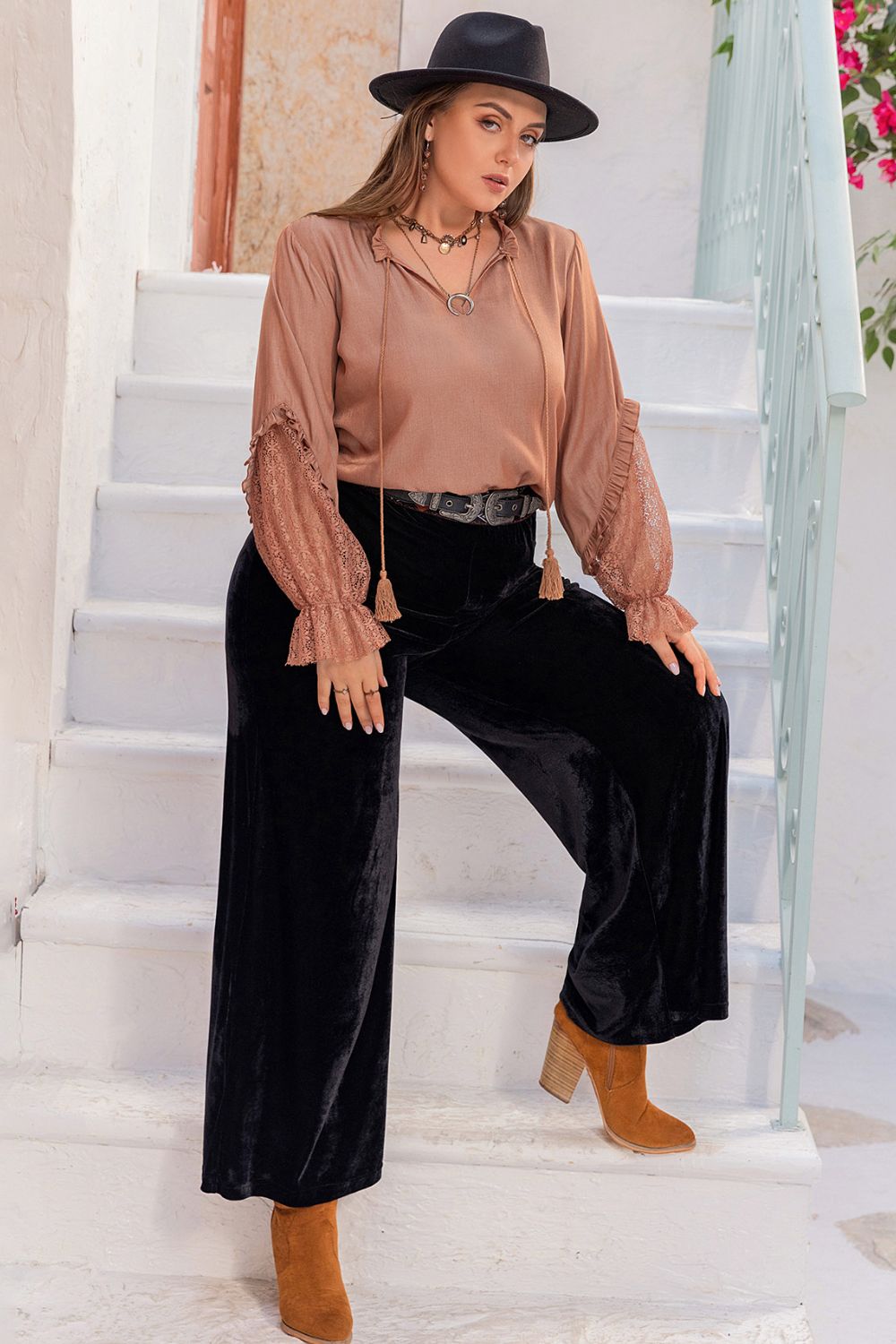 Plus Size Tie Neck Flounce Sleeve Blouse - -