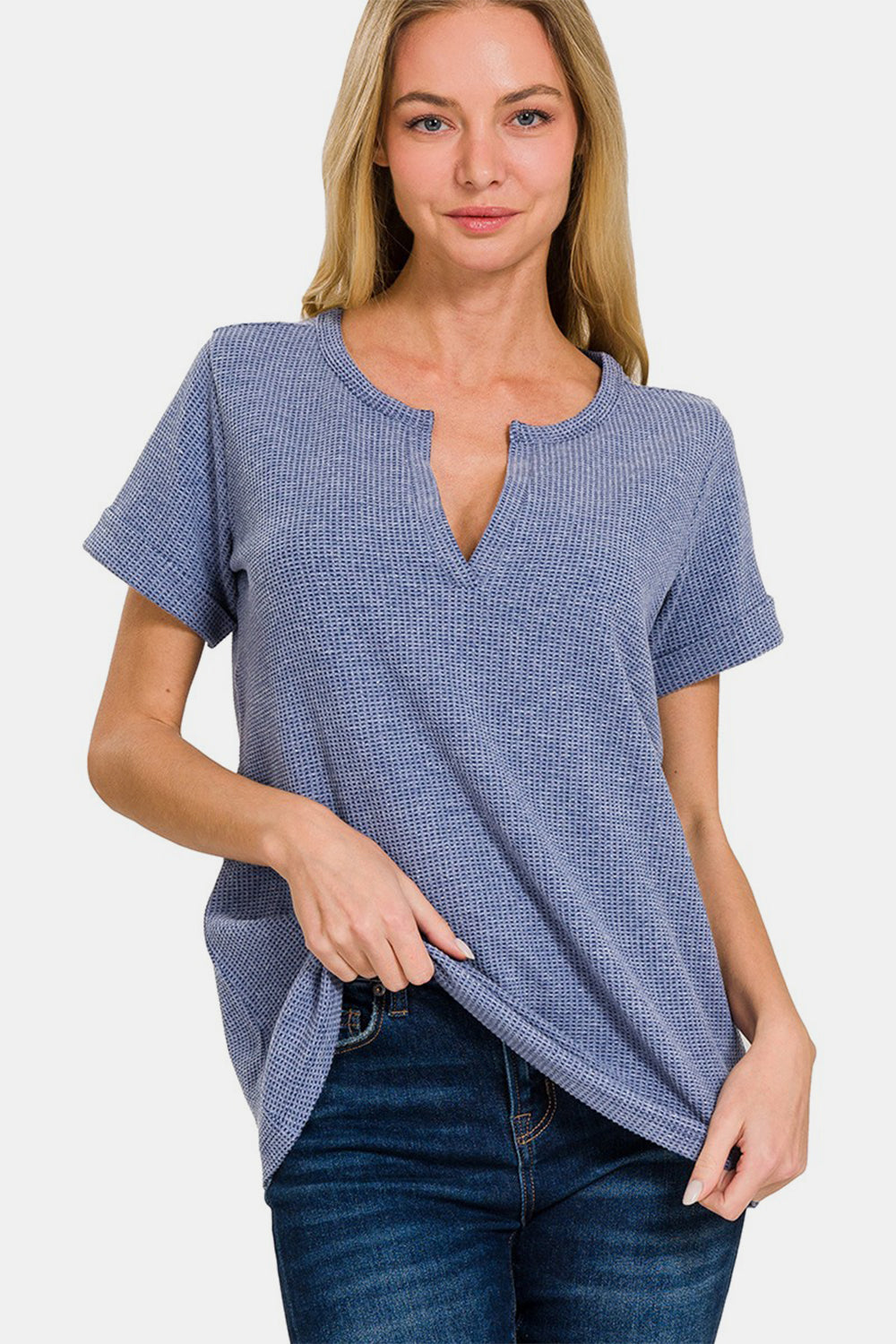 Zenana Notched Short Sleeve Waffle T-Shirt - -