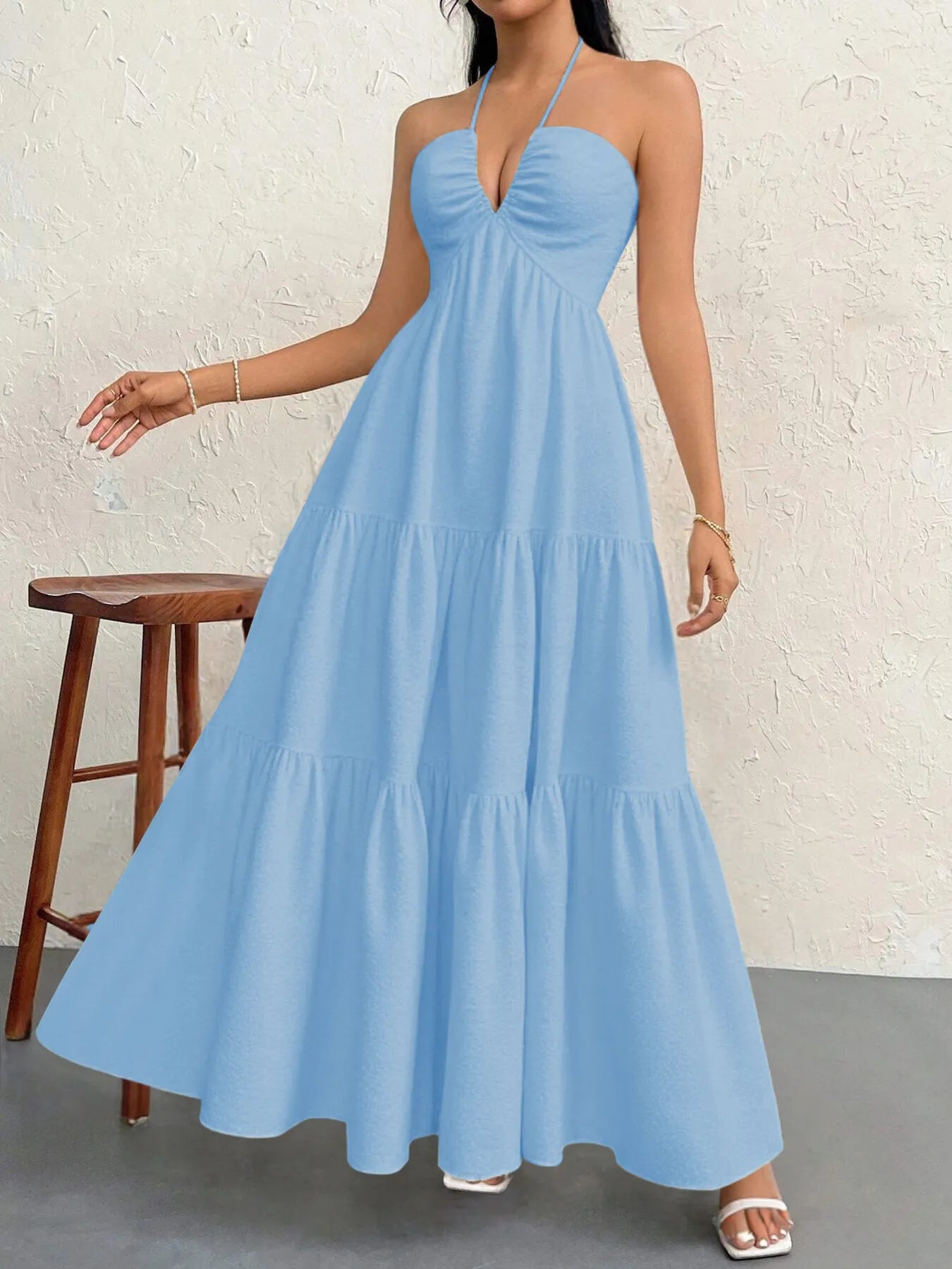 Luxe Halter Tiered Maxi Dress - Elevated Backless Statement - -