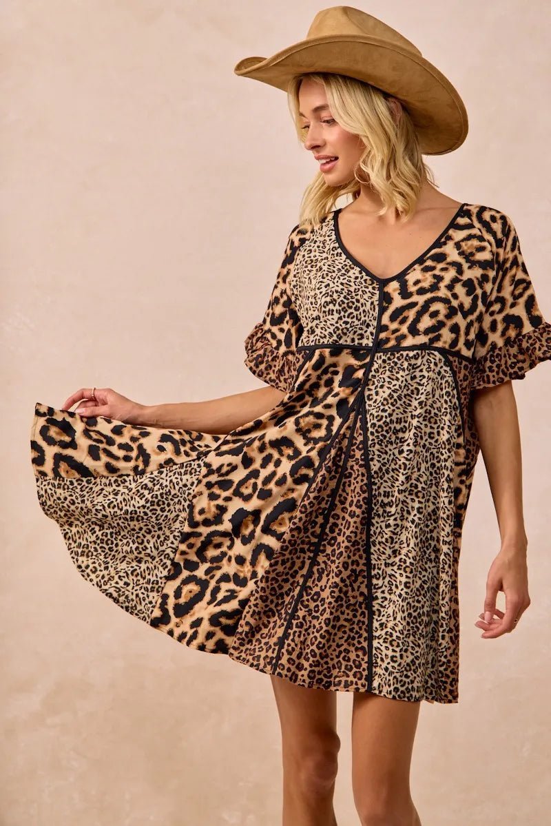 BiBi Leopard Prints Mix and Match Short Sleeves Dress - -