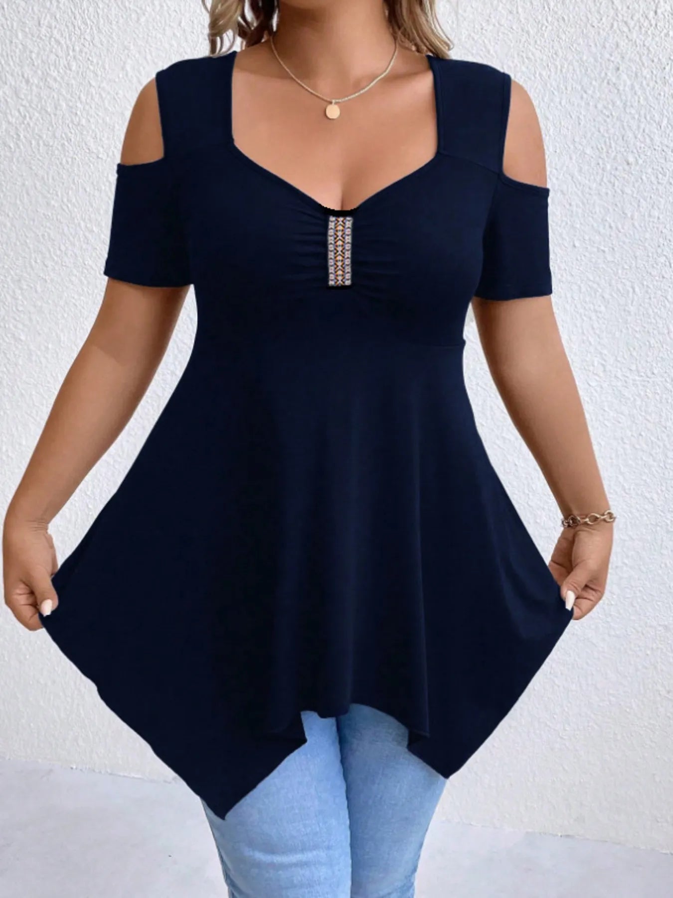 Cold Shoulder Short Sleeve Blouse - -