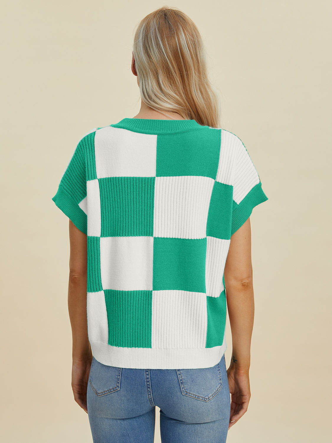 Double Take Full Size Checkered Round Neck Short Sleeve Sweater - -