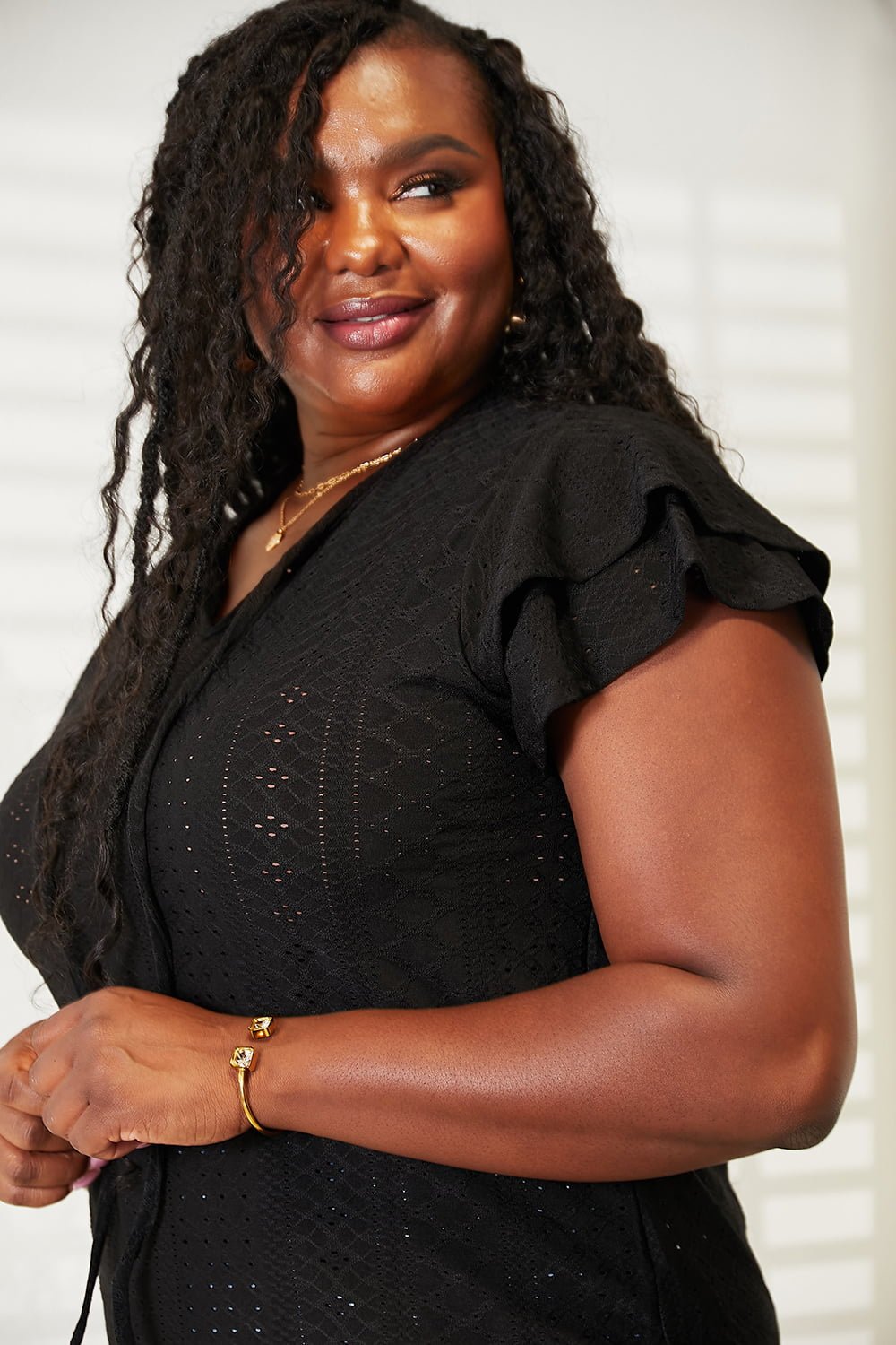 Mandy Eyelet Tie-Neck Flutter Sleeve Blouse - -