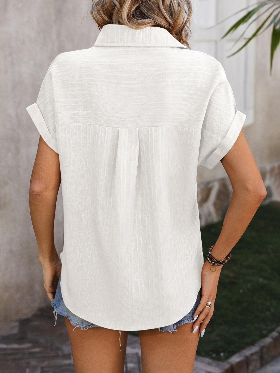 Textured Button Up Cap Sleeve Shirt - -