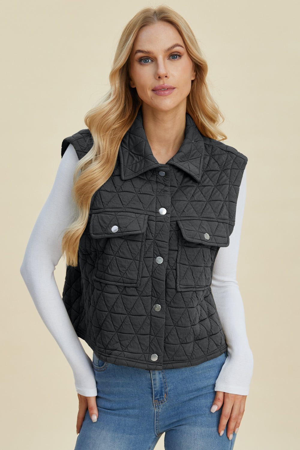 Double Take Full Size Pocketed Texture Snap Down Vest Coat - -