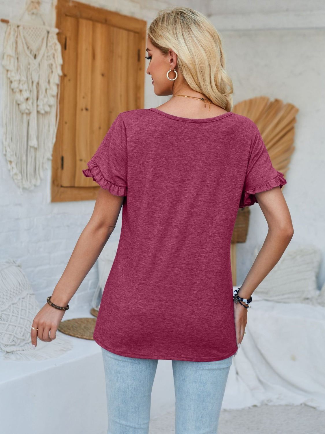 Frill Round Neck Petal Sleeve Blouse - -