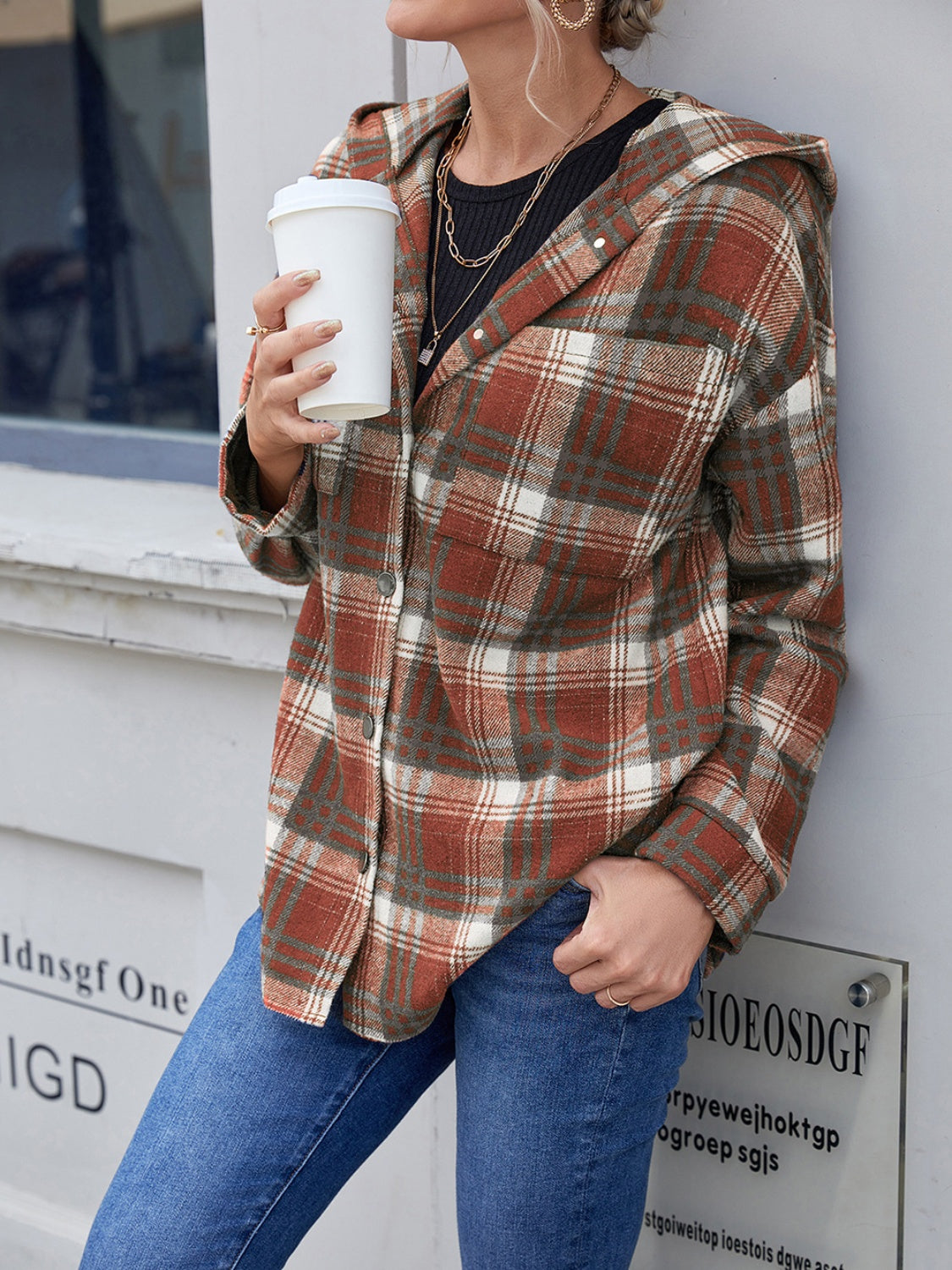 Ivy Lane Plaid Button Up Long Sleeve Hooded Jacket - -