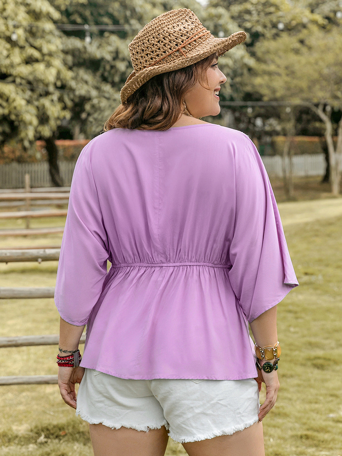 Plus Size Lace Detail Round Neck Three-Quarter Sleeve Blouse - -