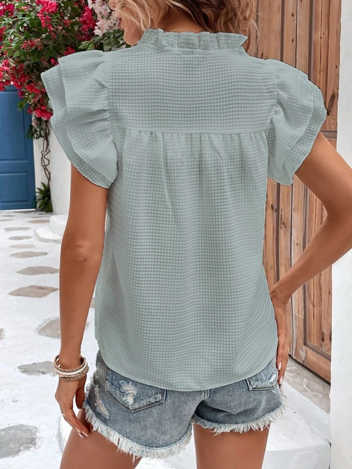Ruffled Notched Cap Sleeve Blouse - -