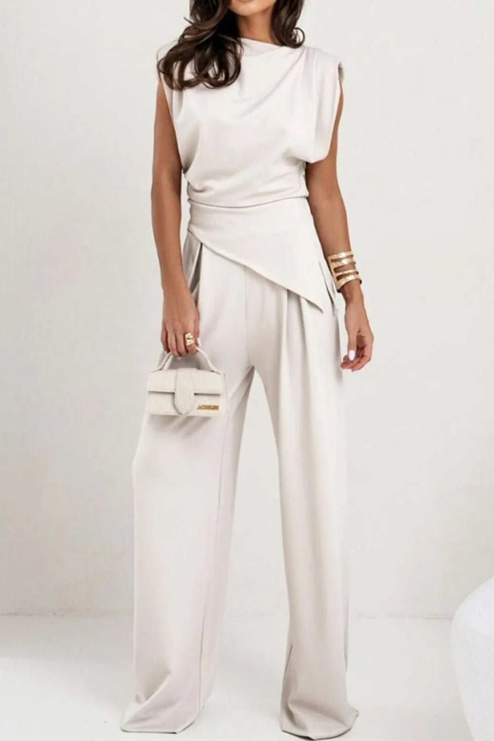 Luxe Asymmetrical Ruched Set - Elevated Wide-Leg Ensemble - White -