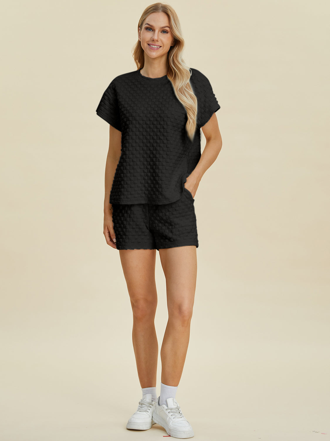 Double Take Full Size Texture T-Shirt and Shorts Set - -