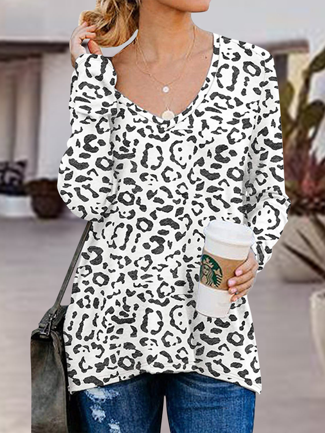 Full Size Side Zip Printed V-Neck Long Sleeve T-Shirt - -