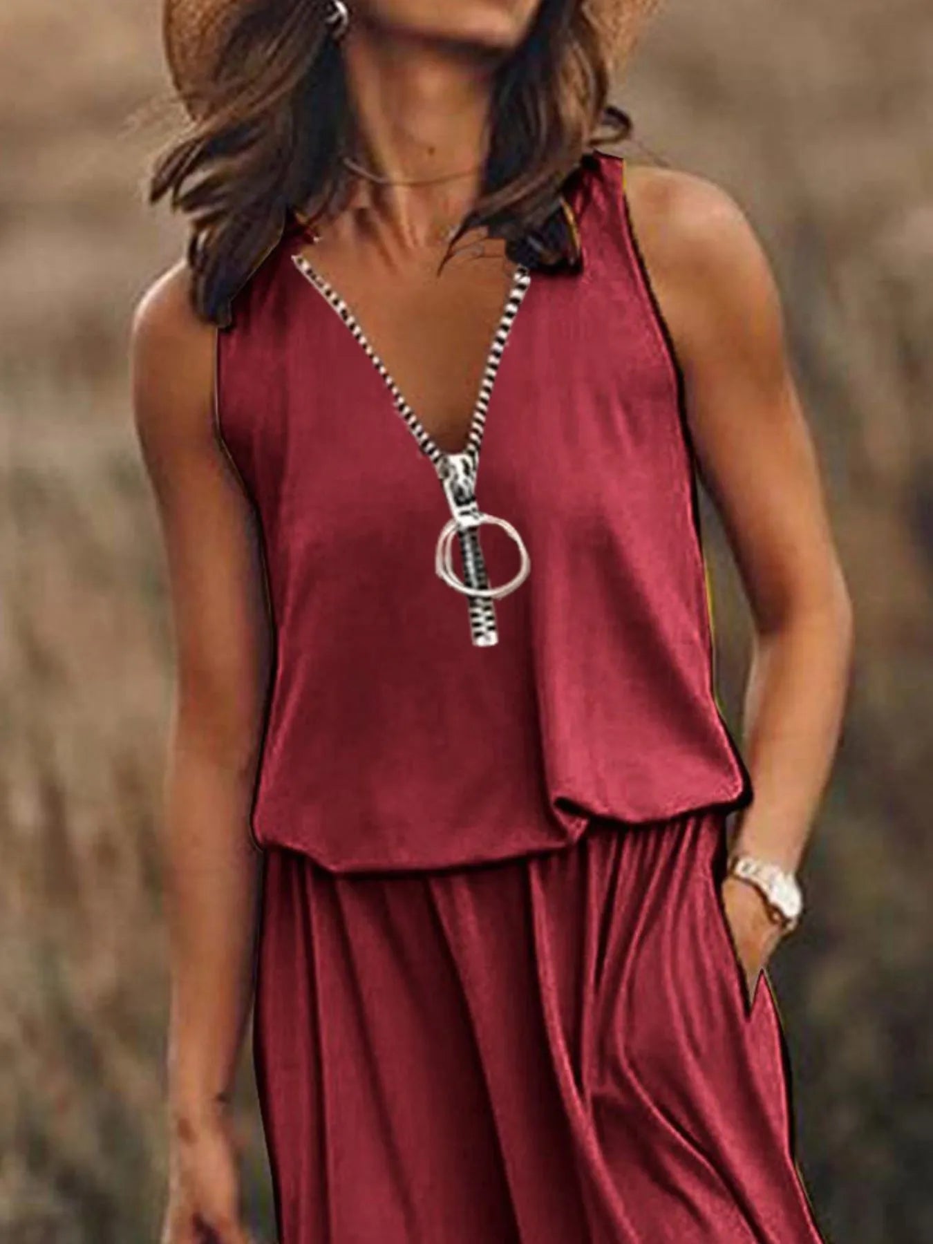 Full Size Half Zip Sleeveless Maxi Dress with Side Slit Plus Size - -
