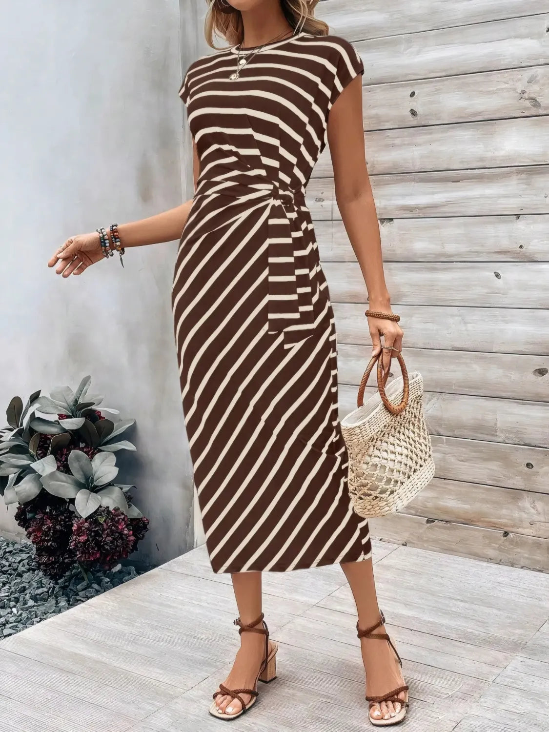Pretty Chique Striped Midi Dress – Cap Sleeve Style - -