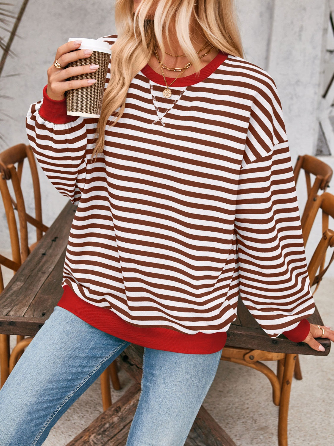 Contrast Striped Long Sleeve Sweatshirt - -