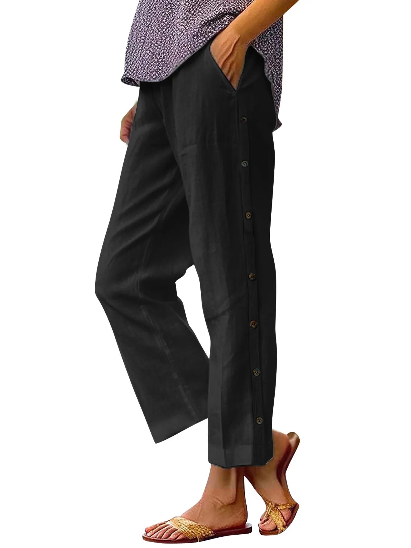 Coastal Stroll – Button Linen Pants - -